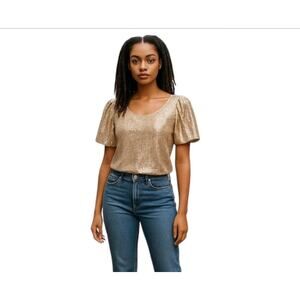 A.U.W. Boutique Gold Sequin Short Balloon Sleeve Scoop Neck Top Size Small
